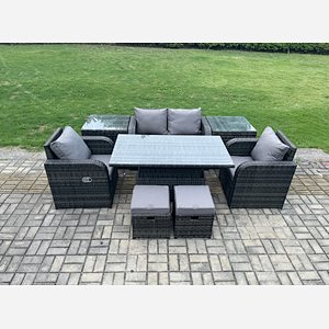 Fimous 6 Seater Rattan Outdoor Furniture Garden Dining Set Patio Height Adjustable Rising lifting Table Love Sofa Chair With 2 Side Tables  Stools