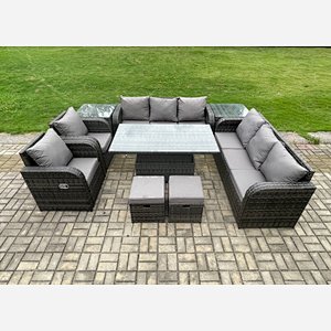 Fimous Rattan Outdoor Garden Furniture Sets Height Adjustable Rising lifting Dining Table Reclining Chair Sofa Set with 2 Side Tables 2 Small Footstools Dark Grey Mixed