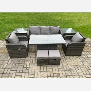 Fimous Outdoor Rattan Furniture Garden Dining Sets Height Adjustable Rising lifting Table Sofa Set With Chairs Side Tables 2 Small Footstools