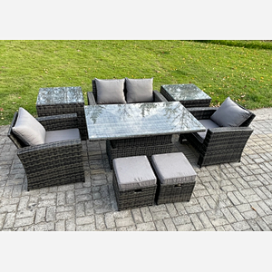 Fimous High Back Rattan Garden Furniture Sofa Sets with Height Adjustable Rising Lifting Table 2 Side Tables 2 Small Footstools Dark Grey Mixed