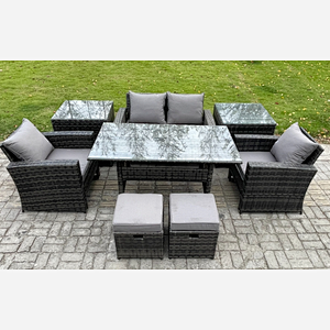 Fimous 6 Seater PE Wicker Outdoor Garden Furniture Set Patio Furniture Rattan Rectangular Dining Table Lounge Sofa with 2 Small Footstools 2 Side Tables
