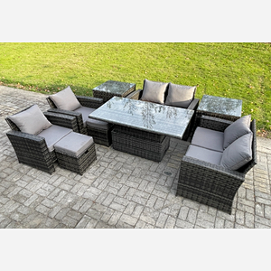 Fimous Outdoor Garden Furniture Sets 9 Pieces Wicker Rattan Furniture Sofa Dining Table Set with 2 Small Footstools 2 Side Tables Dark Grey Mixed