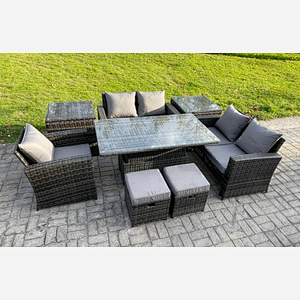 Fimous 7 Seater Outdoor Rattan Patio Furniture Set Garden Height Adjustable Rising Lifting Table Sofa Dining Set with 2 Side Tables 2 Small Footstools Dark Grey Mixed