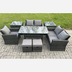 Fimous Outdoor Garden Dining Set Wicker PE Rattan Furniture Sofa with Rectangular Dining Table Double Seat Sofa 2 Side Tables 2 Small Footstools Dark Grey Mixed