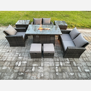 Fimous 7 Seater Rattan Outdoor Garden Furniture Gas Fire Pit Table Sets Gas Heater with Love Sofa Armchair 2 Small Footstools 2 Side Tables Dark Mixed Grey