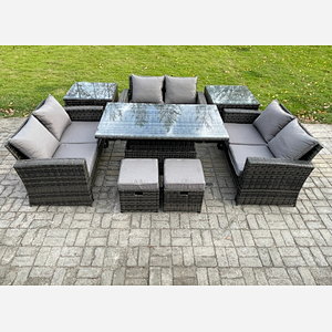 Fimous Wicker PE Rattan Garden Furniture Set Height Adjustable Rising Lifting Table Sofa Dining Set with Double Seat Sofa 2 Small Footstools 2 Side Tables Dark Grey Mixed