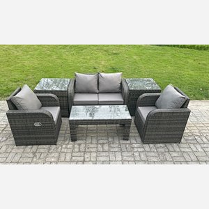 Fimous Rattan Lounge Sofa Set Outdoor Garden Furniture Set with Rectangular Coffee Table Love Sofa 2 Side Tables Dark Grey Mixed