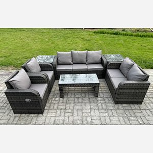 Fimous Outdoor Rattan Garden Furniture Set Rattan Lounge Sofa Set with Rectangular Coffee Table 2 Side Tables Dark Grey Mixed