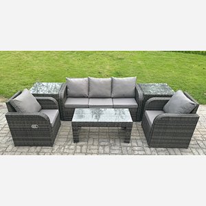 Fimous Wicker PE Rattan Garden Furniture Set Outdoor Lounge Sofa Set with Reclining Chair Coffee Table 2 Side Tables Dark Grey Mixed