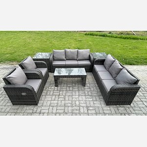 Fimous Wicker PE Rattan Sofa Set Outdoor Patio Garden Furniture with Reclining Chair Coffee Table 2 Side Tables Dark Grey Mixed