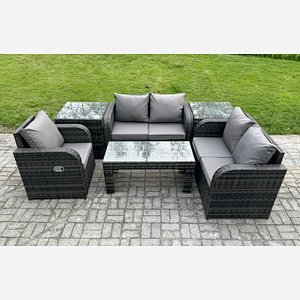 Fimous Rattan Outdoor Garden Furniture Sofa Set Patio Table & Chairs Set with 2 Side Tables Dark Grey Mixed