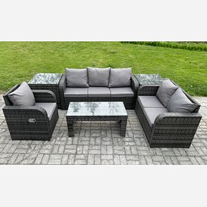 Fimous 6 Seater High Back Rattan Garden Furniture Set with Loveseat Sofa Rectangular Coffee Table 2 Side Tables Indoor Outdoor Patio Lounge Sofa Set Dark Grey Mixed