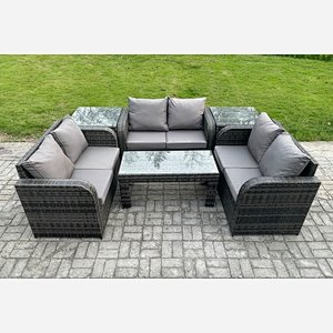 Fimous 6 Seater Rattan Garden Furniture Set Indoor Outdoor Patio Sofa Set with Coffee Table Love seat Sofa 2 Side Tables Dark Grey Mixed