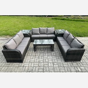 Fimous 9 Seater Outdoor Lounge Sofa Set Rattan Garden Furniture Set with Rectangular Coffee Table 2 Side Tables 3 Seater Sofa Dark Grey Mixed