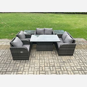 Fimous Outdoor Rattan Garden Furniture Set Patio Height Adjustable Rising lifting Dining Table Love Sofa With 2 Side Tables
