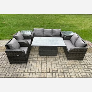 Fimous Wicker PE Rattan Outdoor Garden Furniture Sets Height Adjustable Rising lifting Dining Table Reclining Chair Sofa Set with 2 Side Tables Dark Grey Mixed