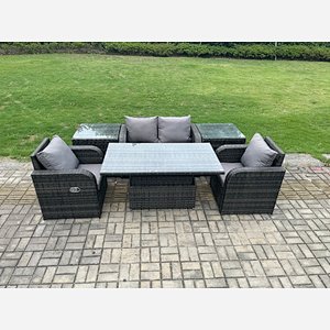 Fimous Outdoor Rattan Garden Furniture Set Height Adjustable Rising lifting Dining Table Love Sofa With 2 Side Tables Chair