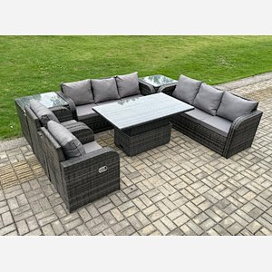 Fimous PE Rattan Outdoor Garden Furniture Sets Height Adjustable Rising lifting DiningTable Sofa Set with Reclining Chair 2 Side Tables Dark Grey Mixed