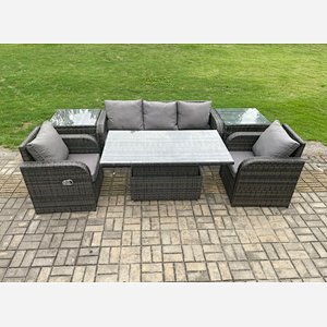 Fimous Outdoor Rattan Furniture Garden Dining Sets Height Adjustable Rising lifting Table Sofa Set With Chairs Side Tables
