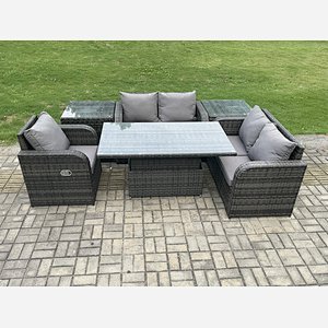 Fimous 5 Seater Rattan Furniture Garden Dining Set Outdoor Height Adjustable Rising lifting Table Love Sofa Chair With 2 Side Tables