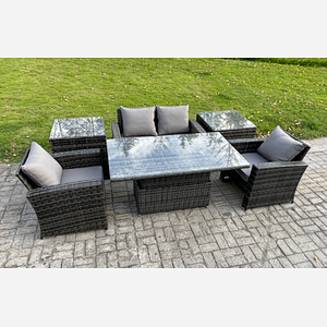 Fimous Outdoor Garden Dining Sets 4 Seater Rattan Patio Furniture Sofa Set with Rising Lifting Table 2 Side Tables Dark Grey Mixed