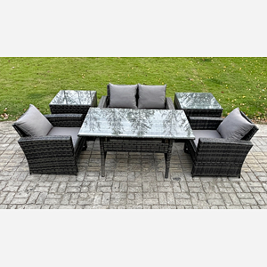 Fimous PE Wicker Outdoor Garden Furniture Set Patio Furniture Rattan Rectangular Dining Table Lounge Sofa with 2 Side Tables