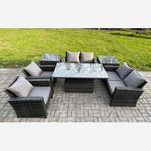Fimous Rattan Garden Furniture Sets Patio Outdoor Rising Lifting Table Sofa Set with Double Seat Sofa 2 Side Tables Dark Grey Mixed