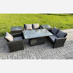 Fimous 6pcs Rattan Outdoor Garden Furniture Set Height Adjustable Rising Lifting Table Sofa Dining Set with 2 Side Tables Dark Grey Mixed