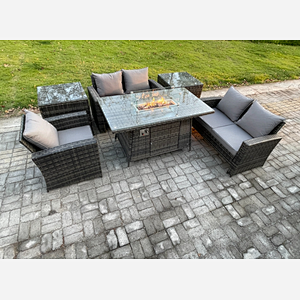 Fimous Rattan Outdoor Garden Furniture Gas Fire Pit Table Sets Gas Heater with Love Sofa Armchair 2 Side Tables 5 Seater Dark Mixed Grey