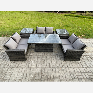 Fimous 6 pieces Outdoor Lounge Sofa Set Wicker PE Rattan Garden Furniture Set with Rising Lifting Table Double Seat Sofa 2 Side Tables Dark Grey Mixed