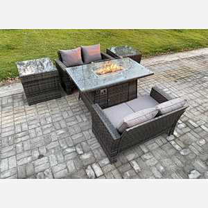 Fimous 4 Seater Rattan Garden Furniture Set Outdoor Lounge Sofa Chair Gas Fire Pit Dining Table Set With Double Seat Sofa 2 Side Tables