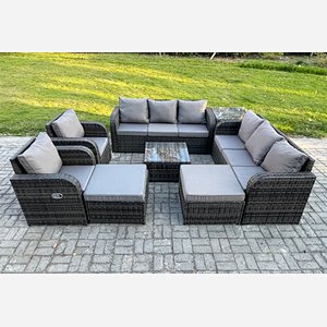 Fimous High Back Rattan Garden Furniture Set with Square Coffee Table 2 Big Footstool Side Table Indoor Outdoor Patio Lounge Sofa Set Dark Grey Mixed