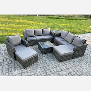 Fimous 9 Seater Outdoor Rattan Garden Furniture Set Conservatory Patio Sofa Coffee Table With Reclining Chair 2 Big Footstool Side Table Dark Grey Mixed