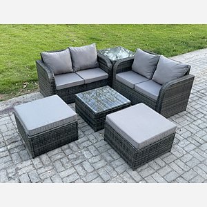 Fimous 6 Seater High Back Rattan Garden Furniture Set with Square Coffee Table 2 Big Footstool Love Sofa Indoor Outdoor Patio Lounge Sofa Set Dark Grey Mixed