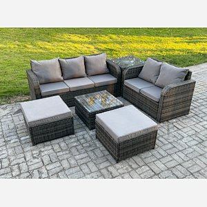 Fimous 7 Seater High Back Rattan Garden Furniture Set with Square Coffee Table 2 Big Footstool Side Table Indoor Outdoor Patio Lounge Sofa Set Dark Grey Mixed