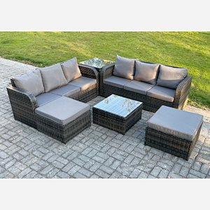 Fimous 8 Seater Outdoor Rattan Garden Furniture Set Conservatory Patio Sofa Coffee Table With 2 Big Footstool Side Table Dark Grey Mixed
