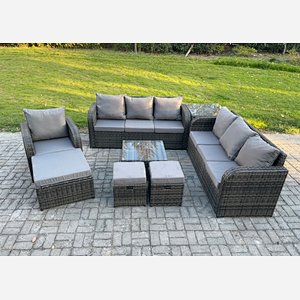 Fimous 10 Seater Outdoor Rattan Garden Furniture Set Conservatory Patio Sofa Coffee Table With Reclining Chair 3 Footstools Side Table Dark Grey Mixed