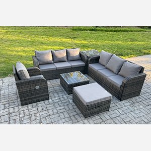 Fimous Outdoor Rattan Garden Furniture Set Conservatory Patio Sofa Coffee Table With Reclining Chair Big Footstool Side Table Dark Grey Mixed