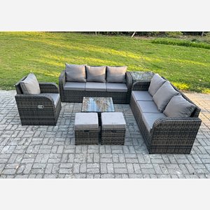 Fimous Outdoor Rattan Garden Furniture Set Conservatory Patio Sofa Coffee Table With Reclining Chair Side Table 2 Small Footstools Dark Grey Mixed
