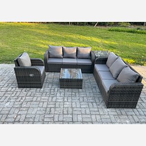 Fimous Outdoor Rattan Garden Furniture Set Conservatory Patio Sofa Coffee Table With Reclining Chair Side Table Dark Grey Mixed