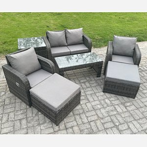 Fimous Outdoor Lounge Sofa Set Wicker PE Rattan Garden Furniture Set with Reclining Chair Coffee Table Side Table 2 Big Footstool Dark Grey Mixed