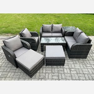 Fimous 8 PCS Garden Furniture set Rattan Outdoor Lounge Sofa Table Chair With Tempered Glass Table Dark Grey Mixed