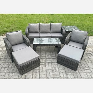 Fimous Rattan Garden Furniture Set with Rectangular Coffee Table Side Table 2 Big Footstool 7 Seater Patio Outdoor Lounge Sofa Set
