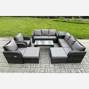 Fimous Wicker PE Rattan Sofa Set 10 Seater Outdoor Patio Garden Furniture Set with 2 Reclining Chairs Coffee Table Side Tables 2 Big Footstool Dark Grey Mixed
