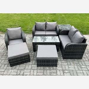 Fimous 7 Pcs Rattan Outdoor Garden Furniture Sofa Set Patio Table & Chairs Set with Side Table 2 Big Footstool Dark Grey Mixed