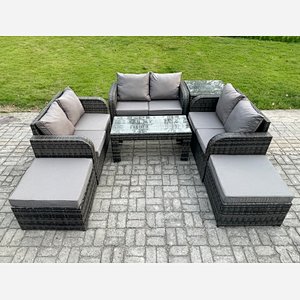 Fimous Outdoor Garden Furniture Sets 7 Pieces Wicker Rattan Furniture Sofa Sets with Rectangular Coffee Table Love seat Sofa 2 Big Footstool Side Table
