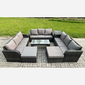 Fimous Rattan Garden Furniture Set 11 Seater Indoor Outdoor Patio Sofa Set with Coffee Table 2 Big Footstool Side Tables Dark Grey Mixed