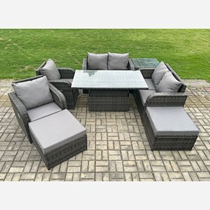 Fimous 8 Seater Rattan Furniture Garden Dining Set Outdoor Height Adjustable Rising lifting Table Love Sofa Chair With Side Table 2  Footstools