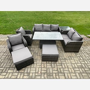 Fimous Outdoor Rattan Furniture Garden Dining Set Patio Height Adjustable Rising lifting Table Reclining Chair Sofa With Side Table 2 Big Footstools