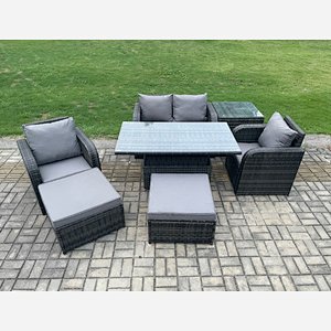 Fimous Rattan Outdoor Furniture Garden Dining Sets Patio Height Adjustable Rising lifting Table Love Sofa Chair Set With Side Tables  Stools